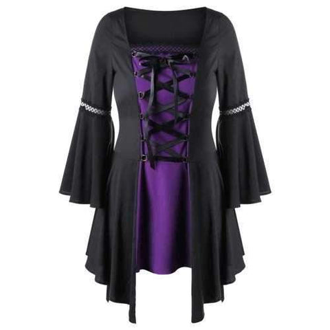 Plus Size Lace Up Handkerchief Top - Black And Purple 3xl