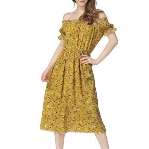 Off The Shoulder Midi Floral Dress - Yellow M