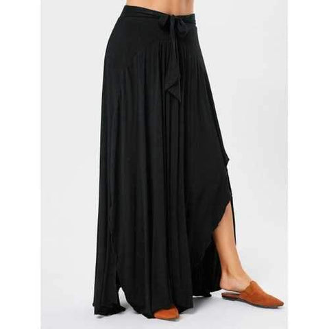 Asymmetrical Maxi Skirt with Bowknot Lace Up - Black S