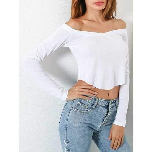 Long Sleeve Off Shoulder Fitted Crop Top - White L