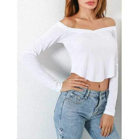 Long Sleeve Off Shoulder Fitted Crop Top - White L