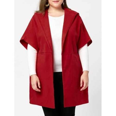 Plus Size Wool Blend Hooded Poncho Coat - Red 3xl