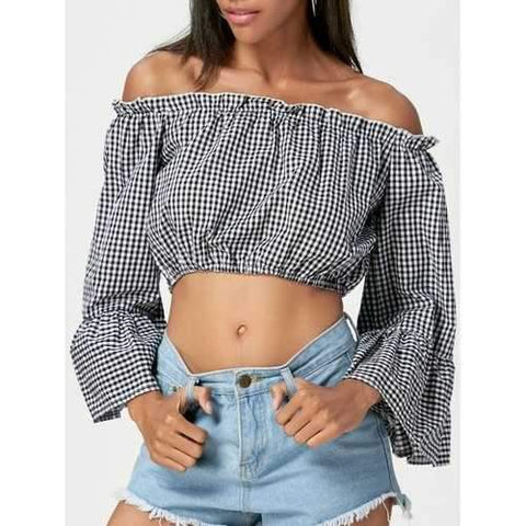 Gingham Off The Shoulder Crop Top - Black L