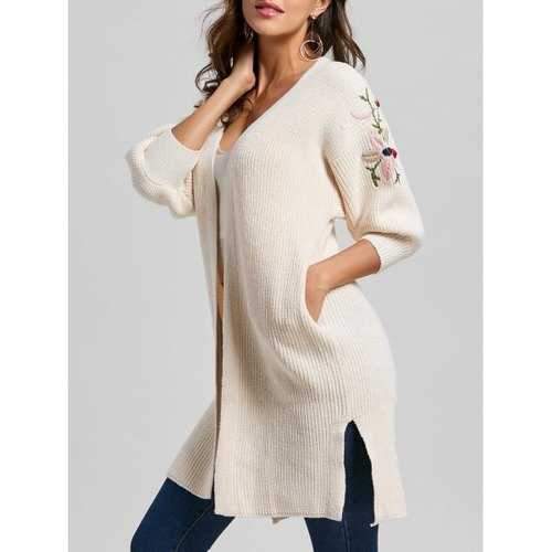 Collarless Embroidered Side Slit Cardigan - Off-white S