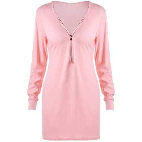 Zipper V Neck Longline Sweatshirt - Light Pink L