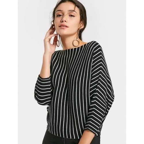 Stripes Batwing Sleeve Loose Sweater - Black One Size