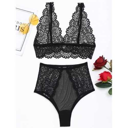 See Through Lace Bralette Set - Black S