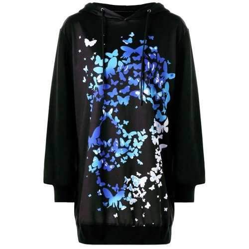 Drawstring 3D Butterfly Print Tunic Halloween Hoodie - Black M