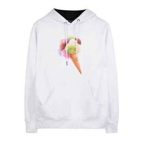 Ice Cream Print Kangaroo Pocket Hoodie - White L