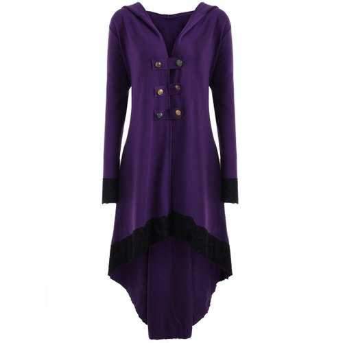 Lace-up Plus Size Hooded High Low Coat - Purple 5xl