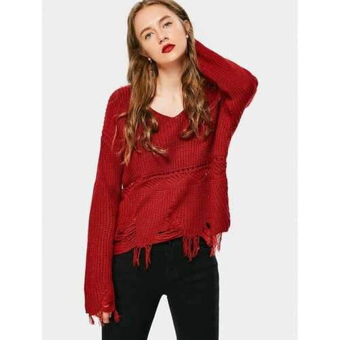 V Neck Ripped Tassels Sweater - Red One Size