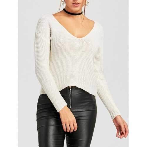 V Neck Ribbed Jumper Sweater - White M