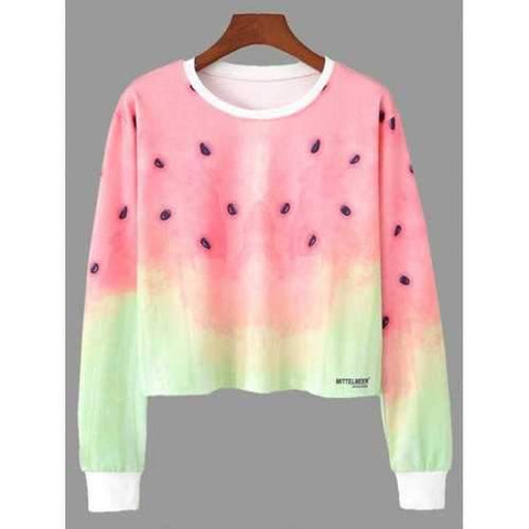 Ombre Color Watermelon Print Cropped Sweatshirt - S