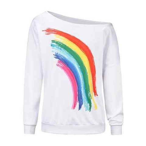 Rainbow Print One Shoulder Sweatshirt - White M