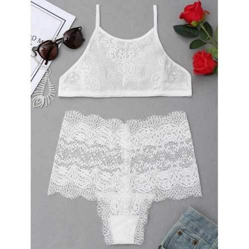 High Neck Lace Bra Set - White M