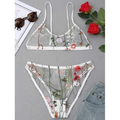 Embroidered Mesh Bralette Set - White L