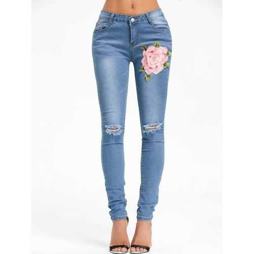 Ripped Flower Embroidered Denim Cuffed Jeans - Denim Blue S