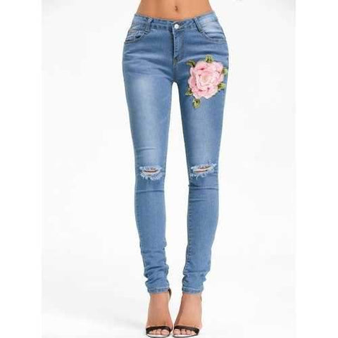 Ripped Flower Embroidered Denim Cuffed Jeans - Denim Blue S