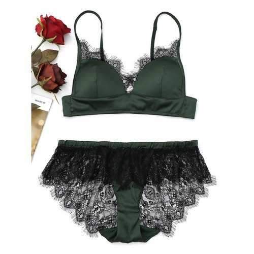 Lace Eyelash See Through Bra Set - Green M