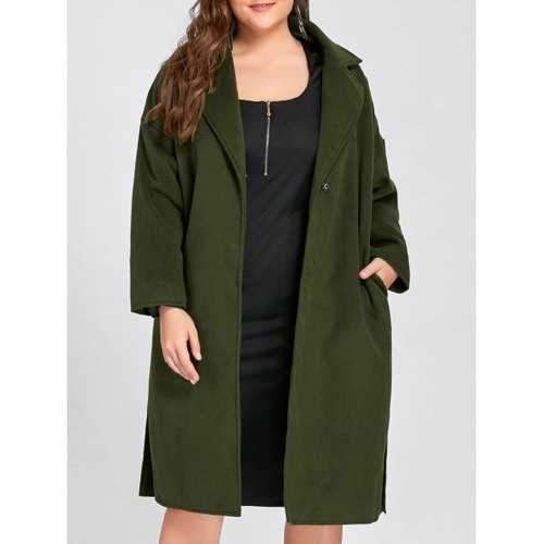 Plus Size Slit Belted Wool Blend Trench Coat - Army Green 4xl