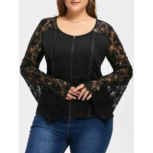 Lace Sleeve Plus Size Lattice Zip Up Jacket - Xl