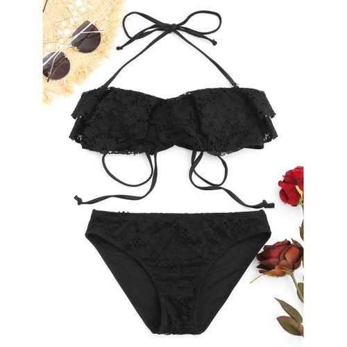 Halter Lace Flounce Bikini Set - Black Xl