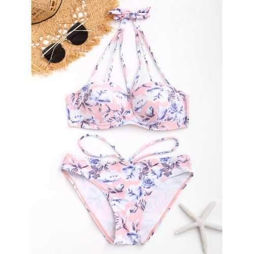 Floral Halter Push Up Bikini Swimwear - S