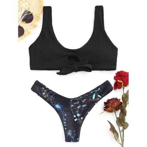 Scoop Neck Knitted Print Bikini Set - Black S