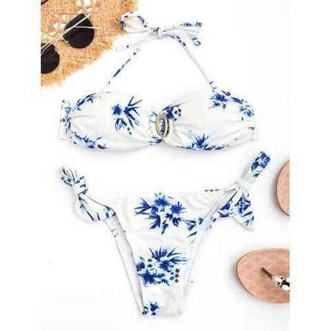 Floral Porcelain Low Waist Bikini Set - Off-white L