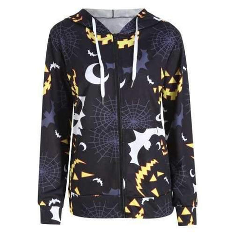 Plus Size Halloween Bat Pumpkin Printed Zip Hooded Jacket - Black Xl