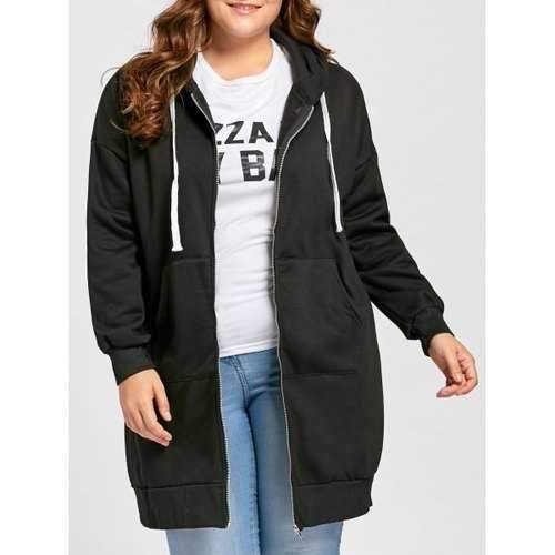 Plus Size Long Drawstring Hooded Coat with Pockets - Black 3xl