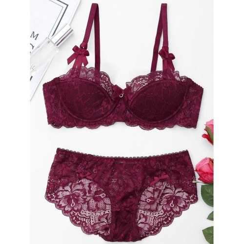 Underwire Lace Bra Set - Wine Red 75b