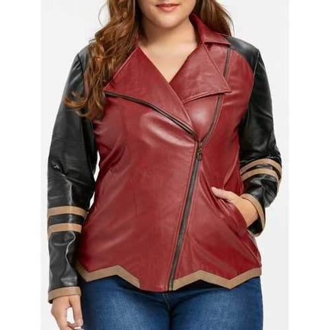 Faux Leather Plus Size Color Block Jacket - Wine Red Xl