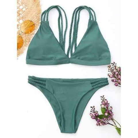 Plunge Braided Straps Bikini Set - Blackish Green M