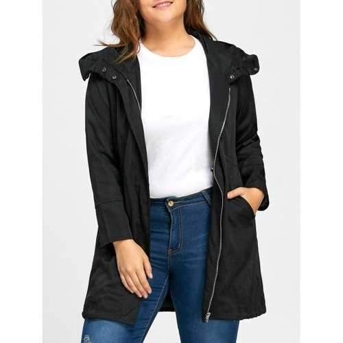 Plus Size Elastic Waist Long Hooded Coat - Black 2xl