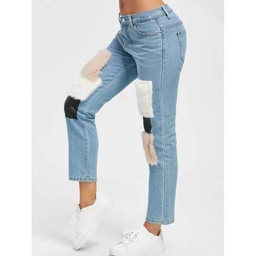 High Waist Faux Fur Print Ninth Jeans - Denim Blue L