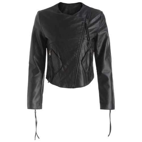 Double Pockets Zipper Fly Faux Leather Jacket - Black M