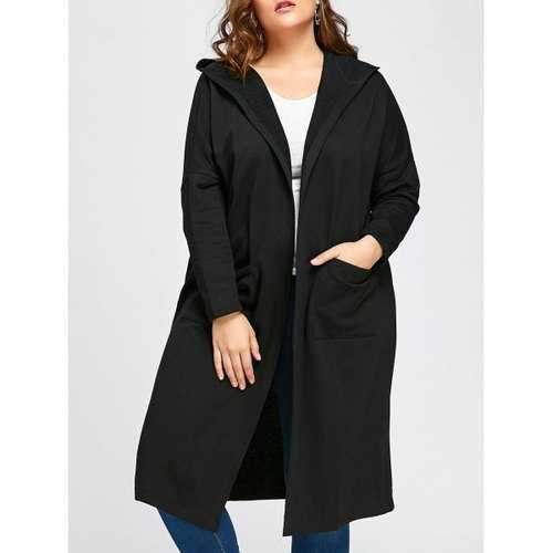 Plus Size Longline Hooded Coat with Pockets - Black One Size