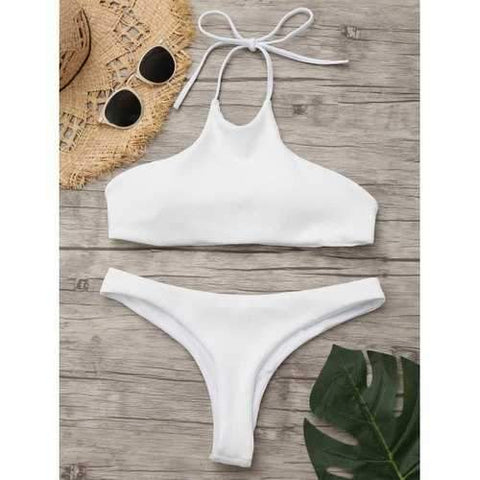 Halter High Neck Ribbed Bikini Set - White S