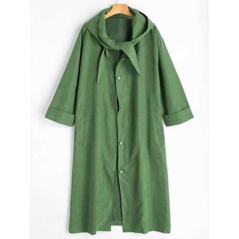 Long Plus Size Button Up Hooded Coat - Army Green 4xl