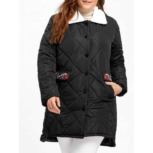 Plus Size High Low Floral Embroidered Padded Coat - Black 3xl