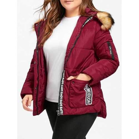 Padded Letter Print Hooded Plus Size Coat - Wine Red 5xl