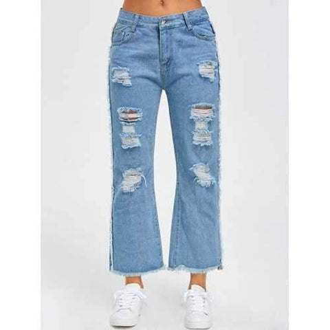 Ripped Raw Hem Wide Leg Jeans - Blue L