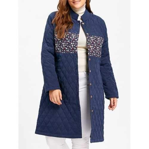 Plus Size Floral Panel Textured Padded Coat - Blue 4xl