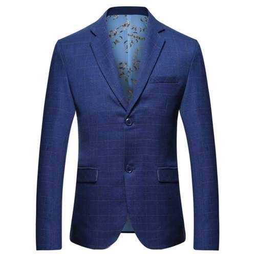 Flap Pocket Lapel Collar Checked Blazer - Blue M