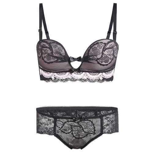 Sheer Lace Push Up Bra Set - Black 85a