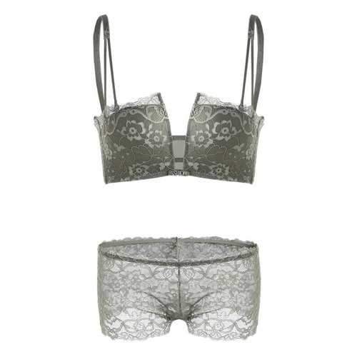 Lace Criss Cross Back Bra Set - Army Green 75b