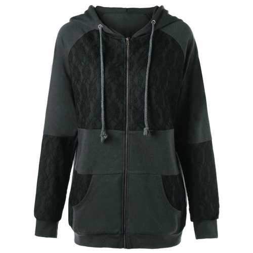 Lace Insert Plus Size Zip Up Hooded Coat - Deep Gray Xl