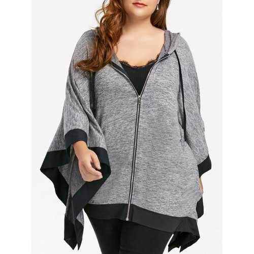 Zip Up Hooded Plus Size Dolman Sleeve Coat - Black Xl