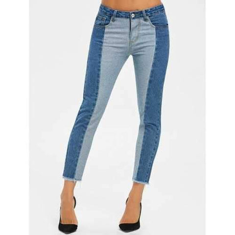 Two Tone Raw Edge Crop Jeans - Denim Blue M